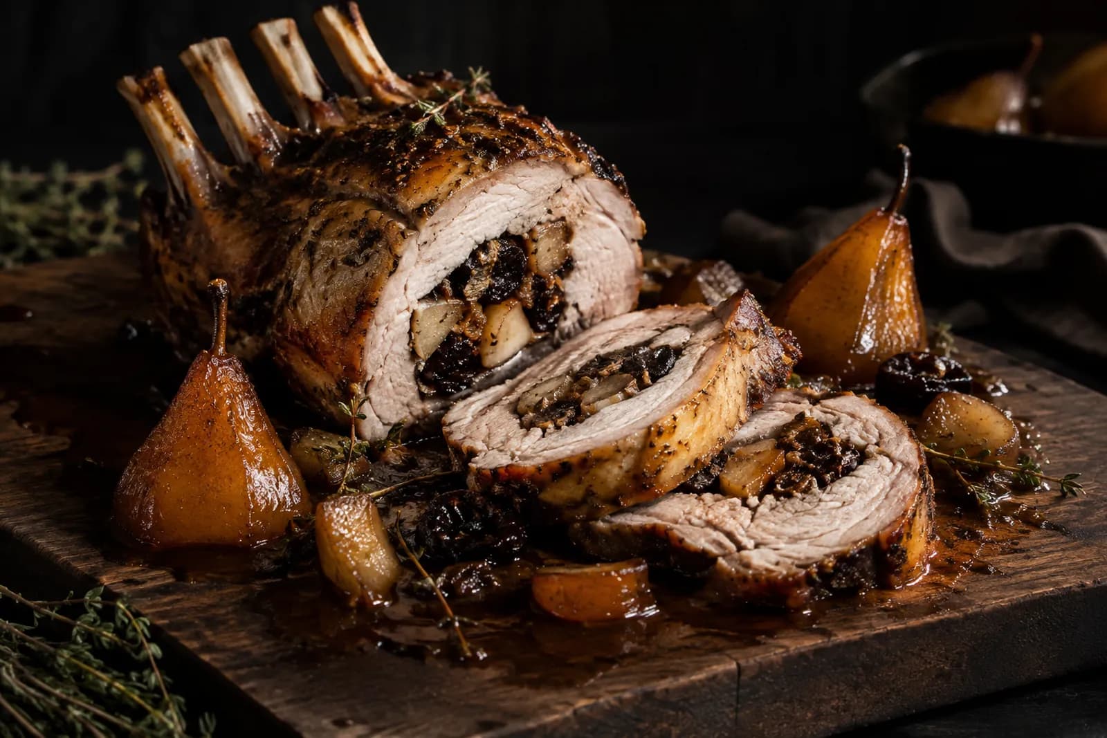 Schweinskotelettbraten mit Dörrbirnen-Thymian-Füllung