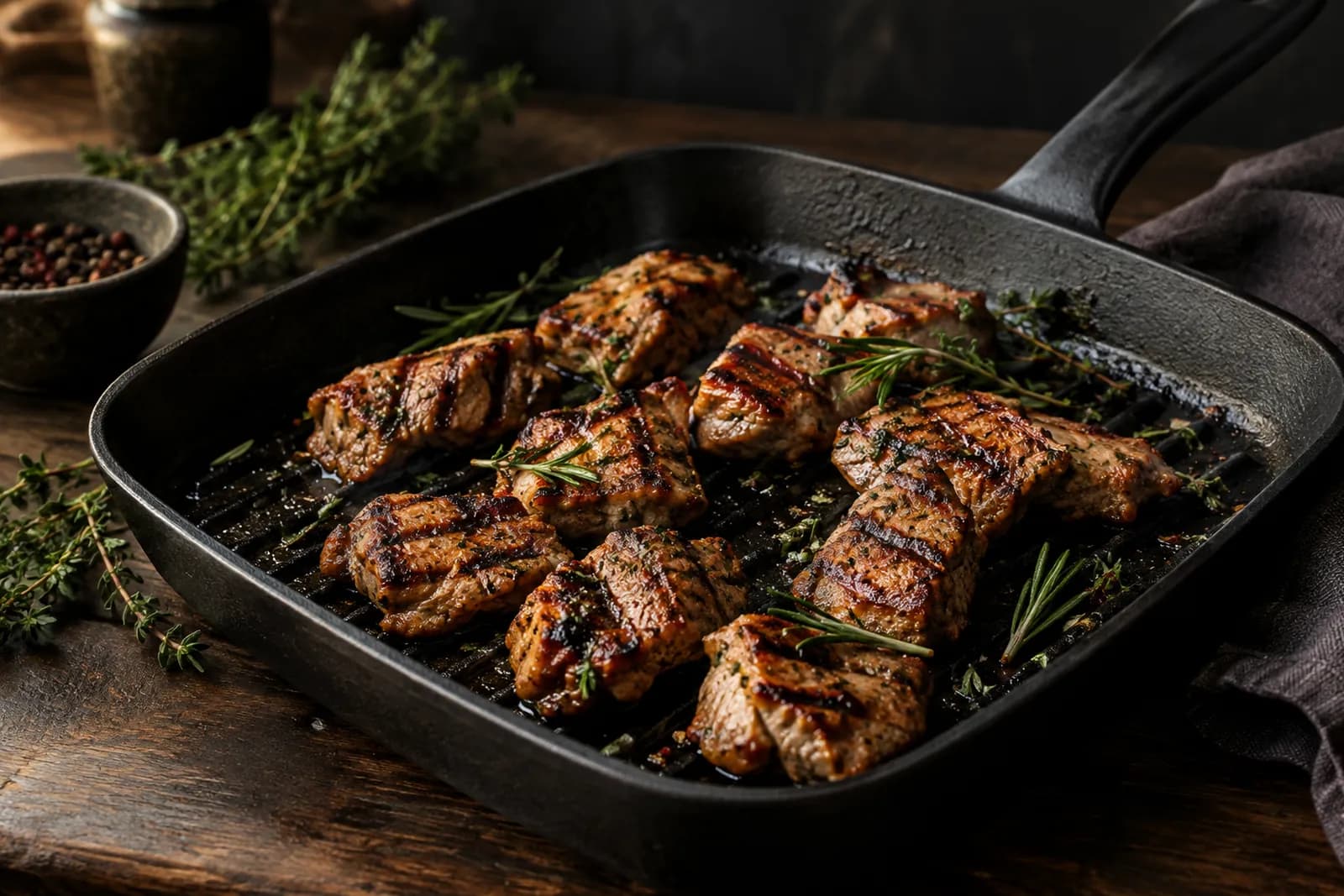 Marinierte Schweinsplätzli mit Grillstreifen in einer Grillpfanne