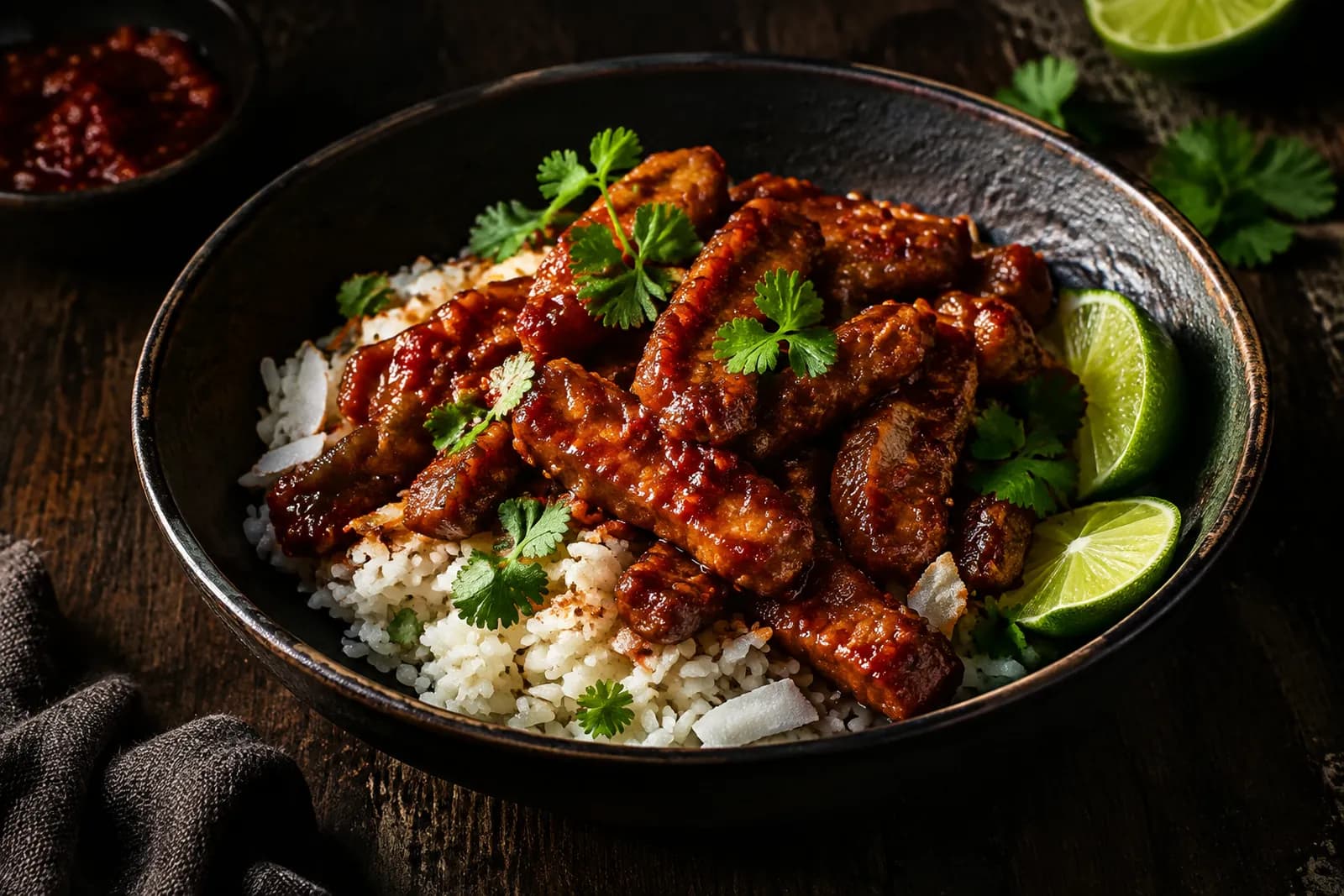 Schweinsstreifen mit Sambal und Kokosreis