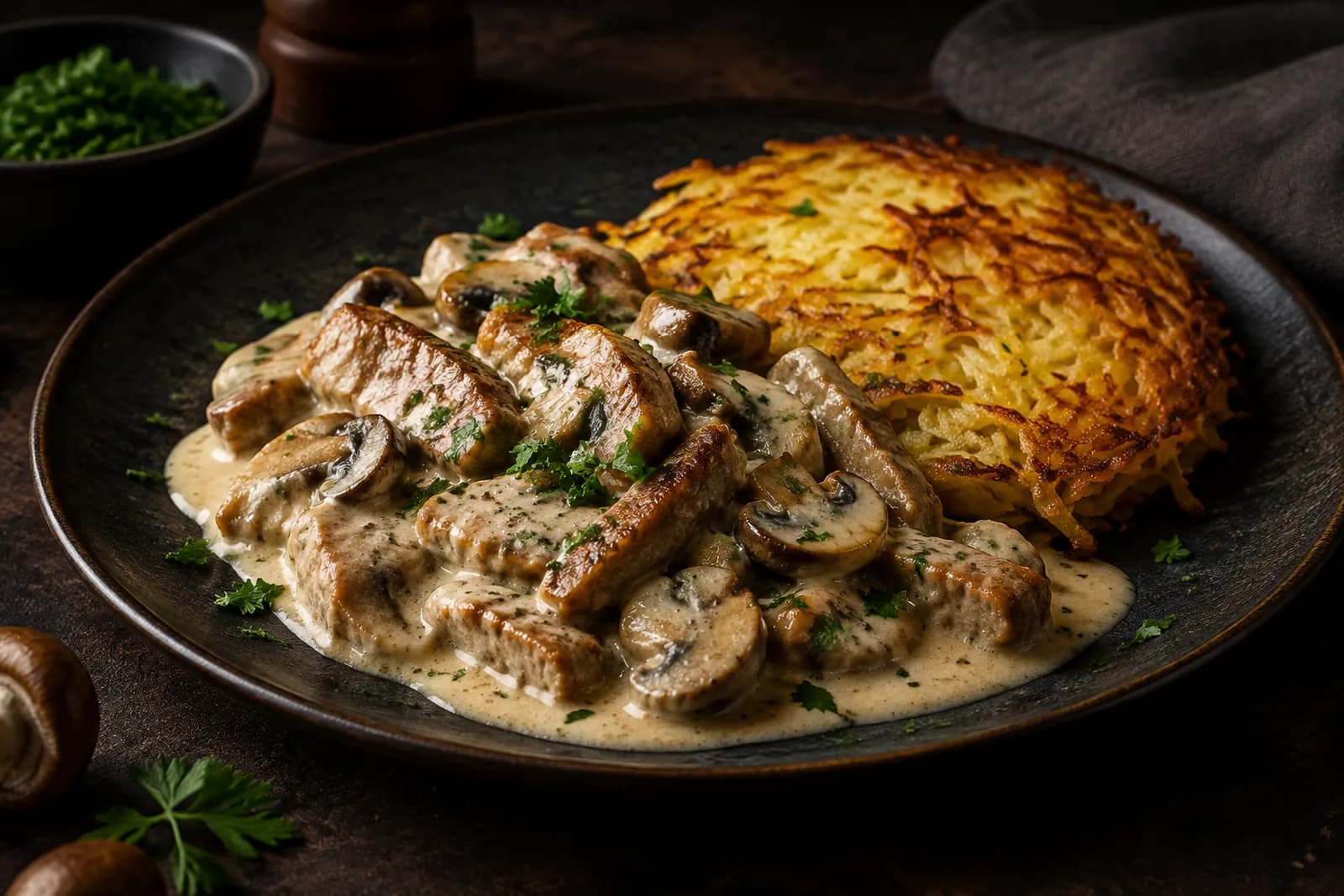 Schweinsvoressen in cremiger Rahmsauce mit Peterli, Champignons und Rösti