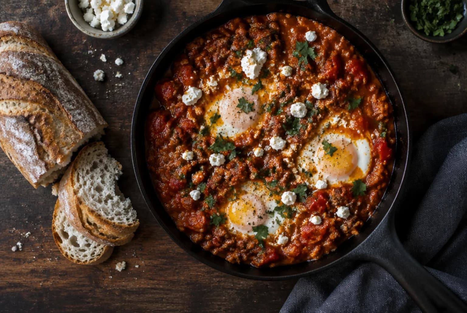 Shakshuka mit Lammhack: pochierte Eier in Tomaten-Paprika-Sauce in einer Gusspfanne mit Petersilie und Feta