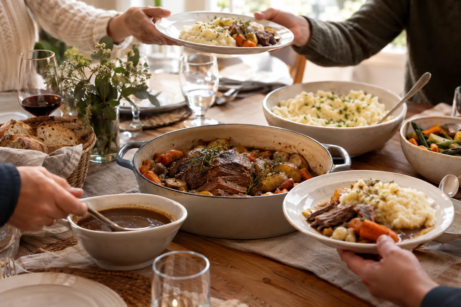 Rosa Rindsbraten aufgeschnitten mit Kartoffelbeilage und Bratensauce