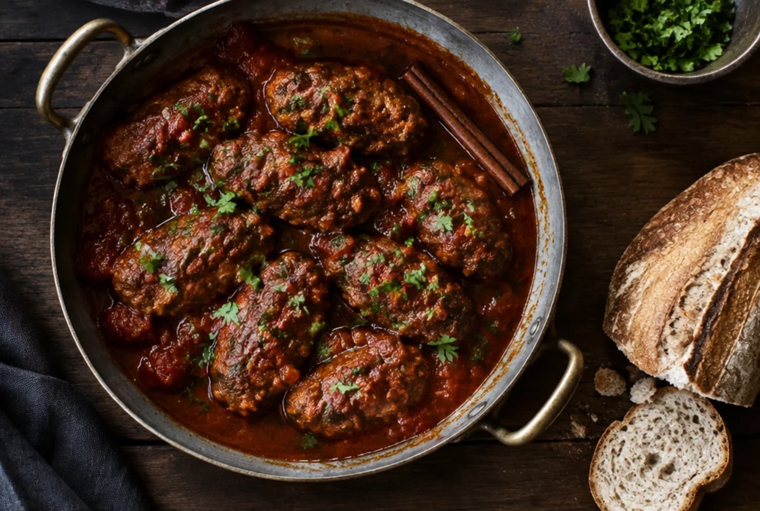 Soutzoukakia: längliche griechische Hackbällchen in glänzender Tomaten-Rotwein-Sauce mit Petersilie
