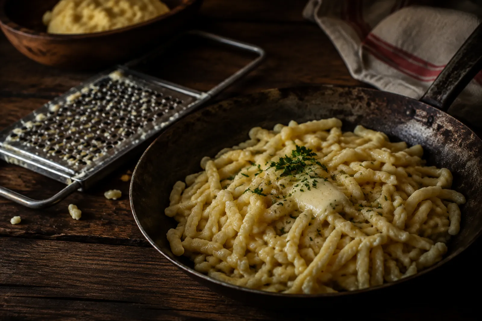 Frische Spätzli in Butter geschwenkt in einer Pfanne, daneben der Spätzlihobel
