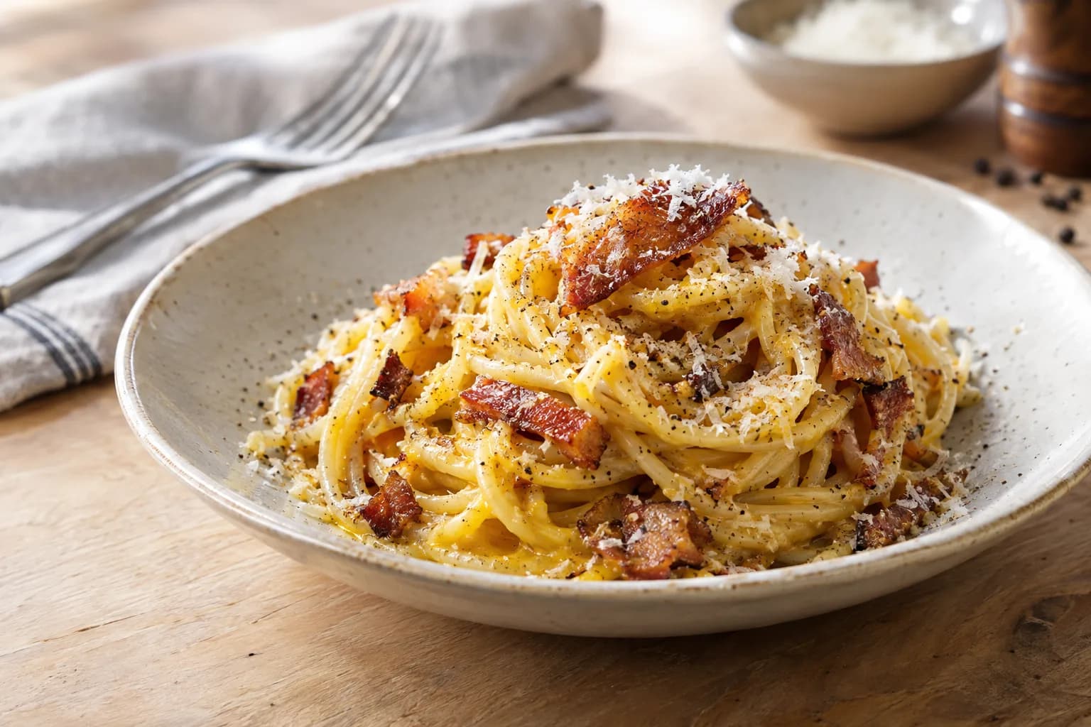 Spaghetti Carbonara mit Guanciale, Pecorino und schwarzem Pfeffer