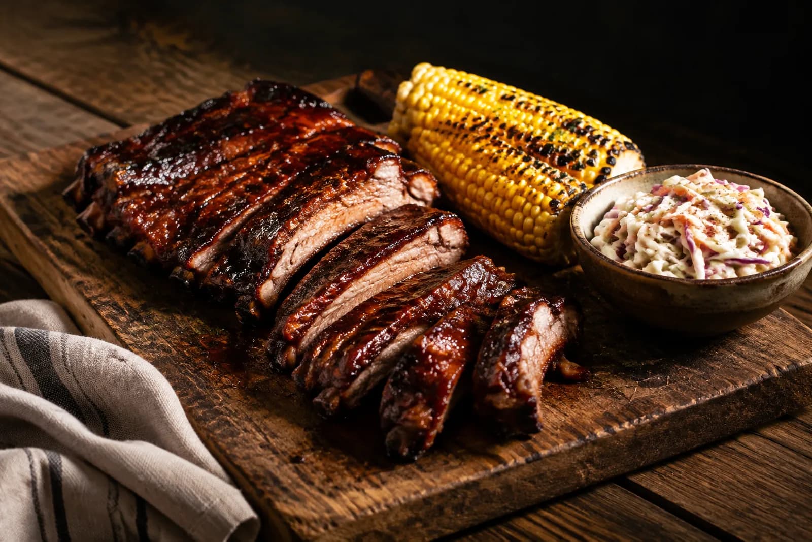Spareribs vom Grill mit Maiskolben und Coleslaw