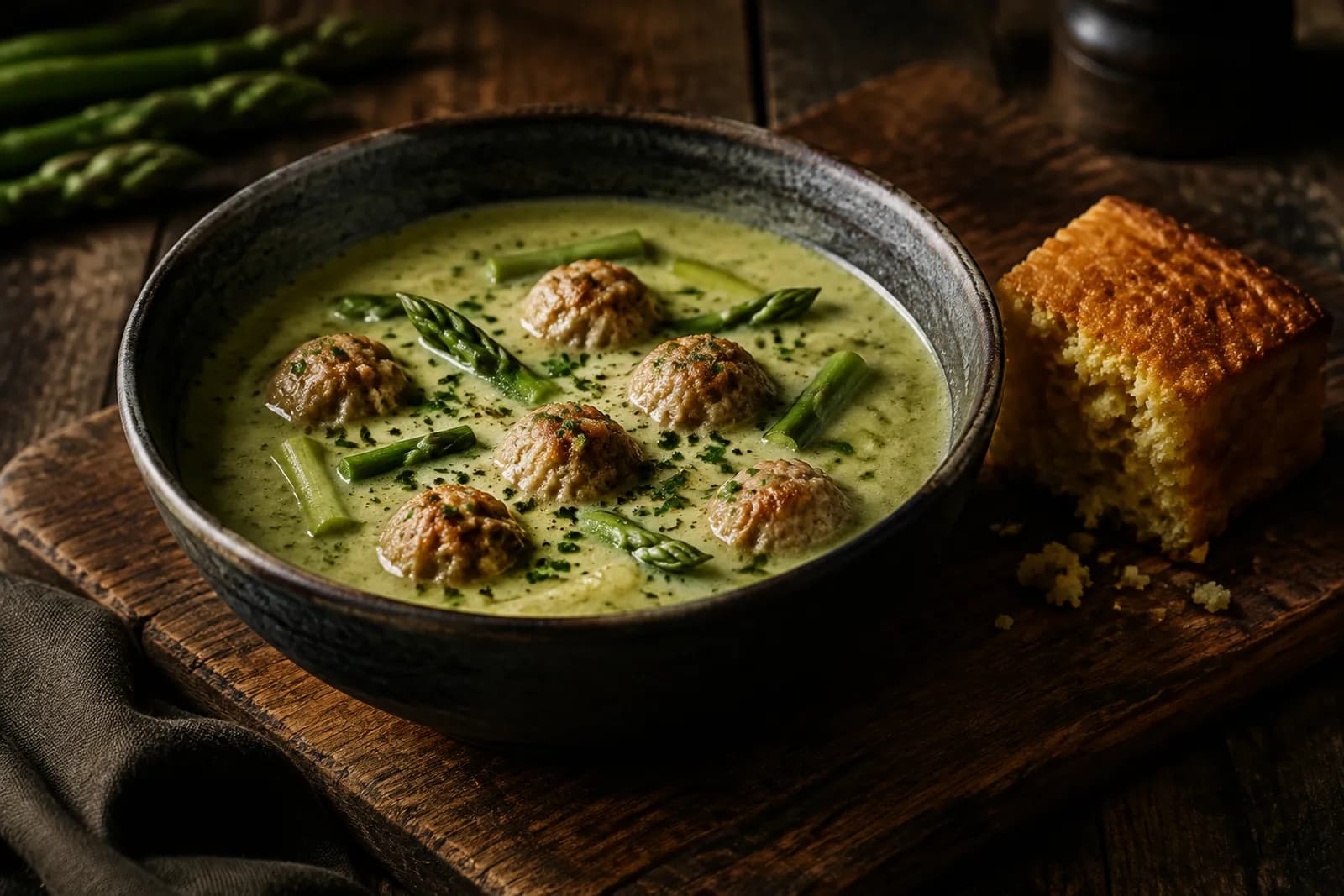 Spargelsuppe mit Hackbällchen und Cornbread