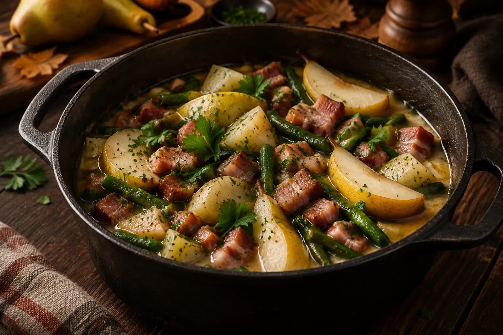 Speck-Eintopf mit Birnen, Bohnen und Kartoffeln