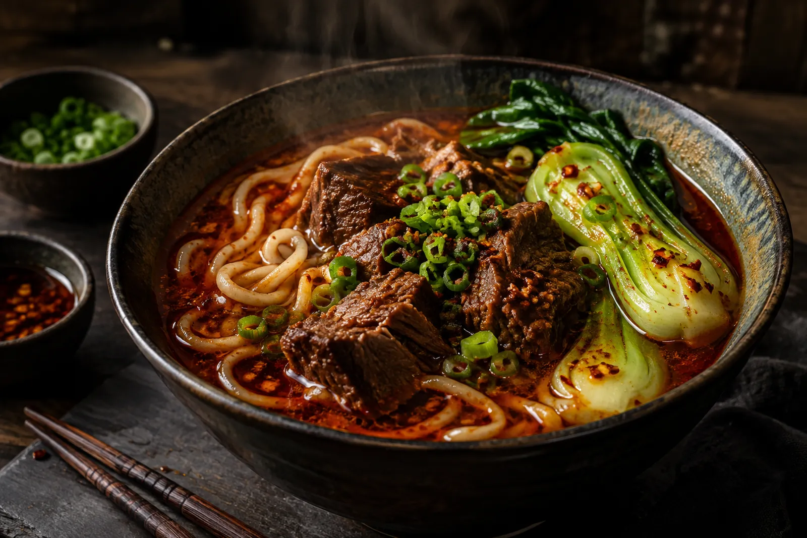 Rote, würzige taiwanische Rindfleisch-Nudelsuppe mit Pak Choi und Frühlingszwiebeln