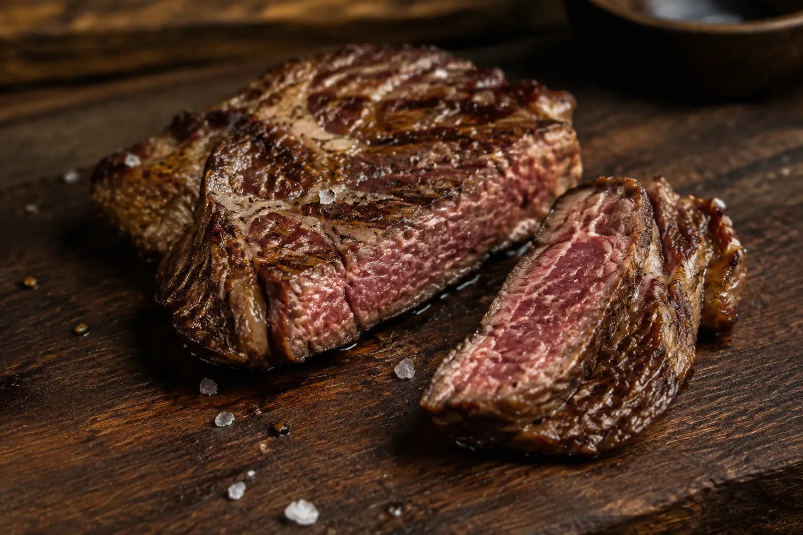 Kleines gegrilltes Spider-Steak mit starker Marmorierung und Röststreifen auf dunklem Holz