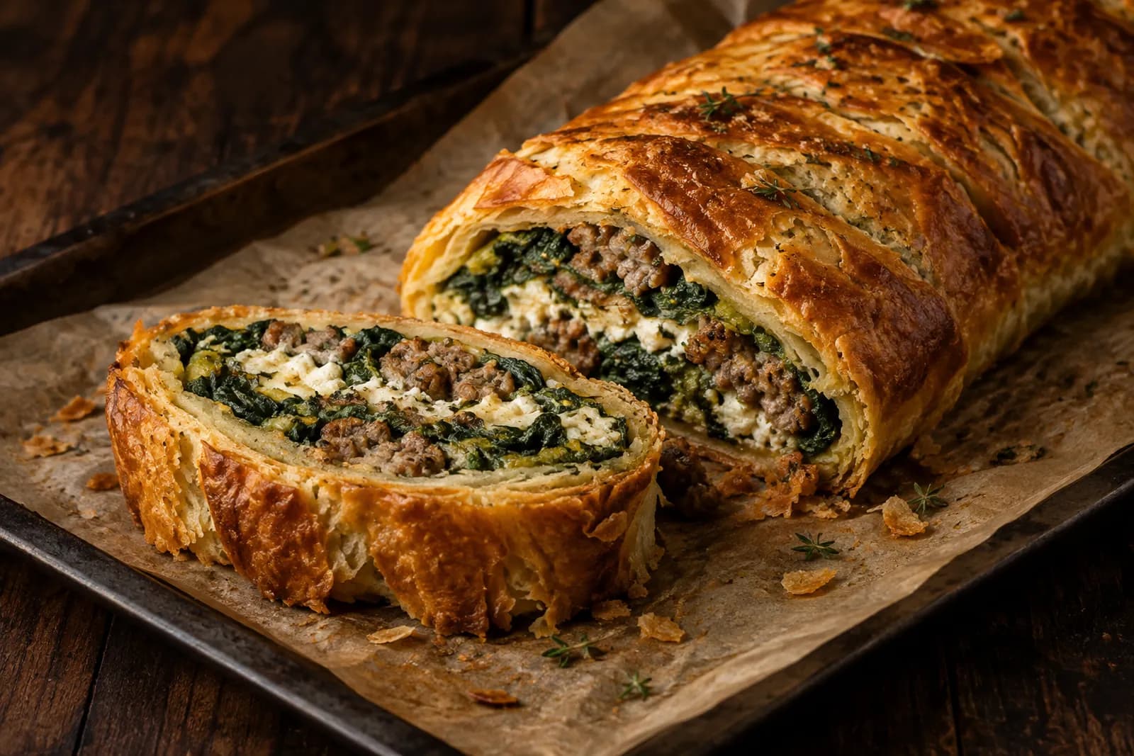 Goldbrauner Spinat-Käse-Strudel mit Wurstfüllung, angeschnitten auf einem Brett