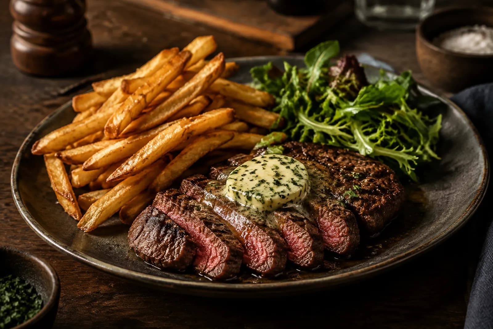Steak Frites auf einem Teller: rosa Steak mit goldbraunen Pommes frites und einer Kräuterbutter