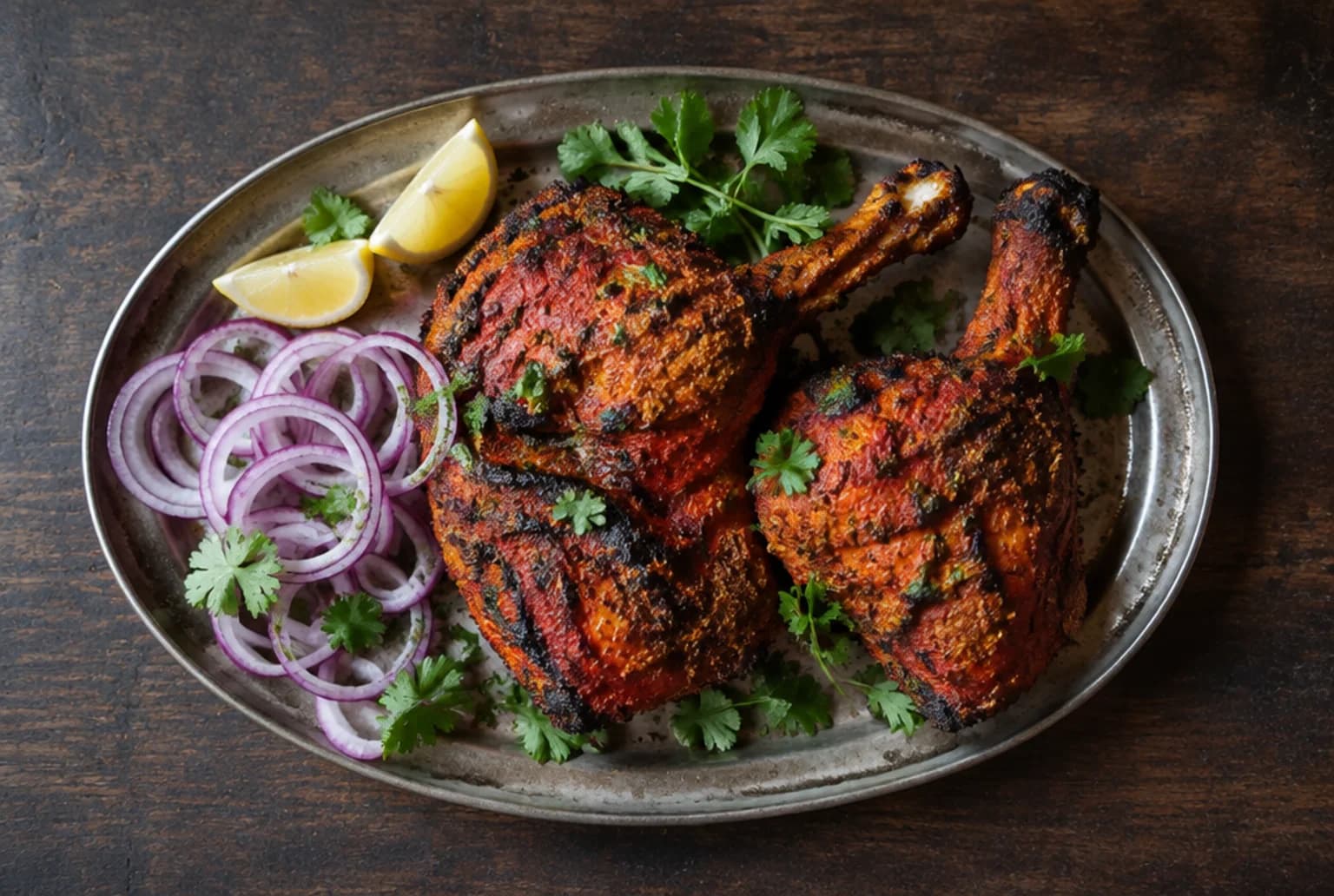 Tandoori Chicken auf einer Platte: dunkelrot marinierte Pouletstücke mit Brandspuren, Zwiebelringen und Zitrone