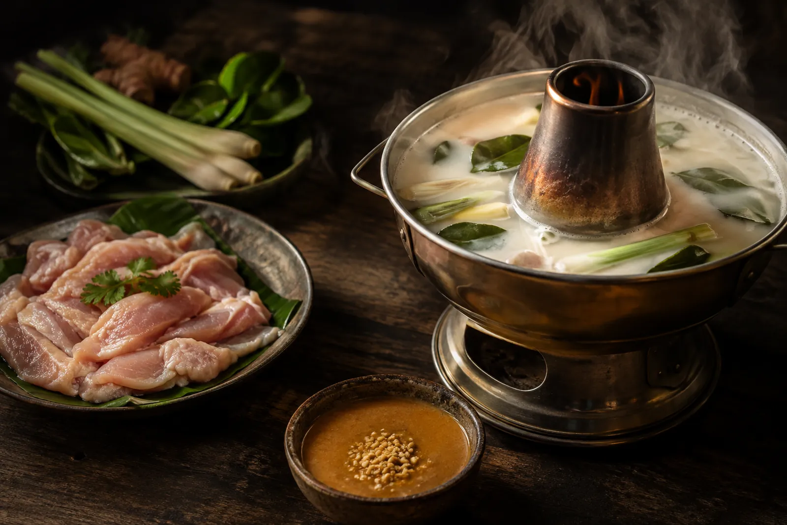 Thai-Fondue mit Pouletschenkeln in Kokos-Zitronengras-Bouillon