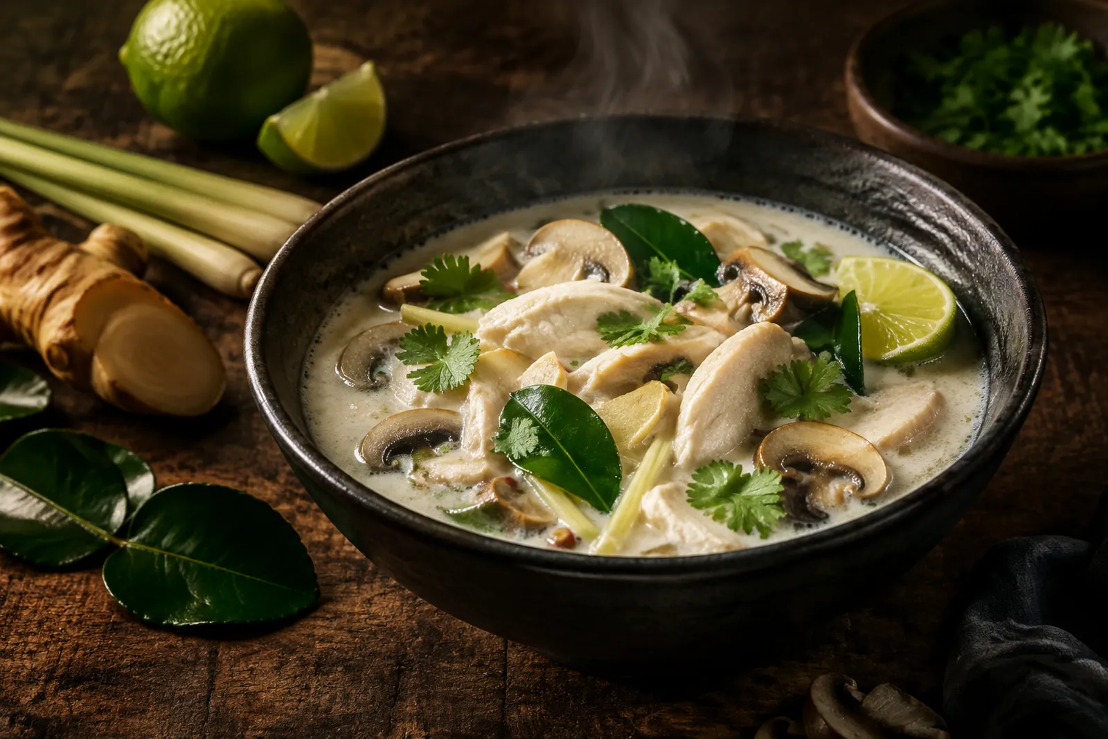 Tom Kha Gai: cremige Kokossuppe mit Poulet, Pilzen und Limette