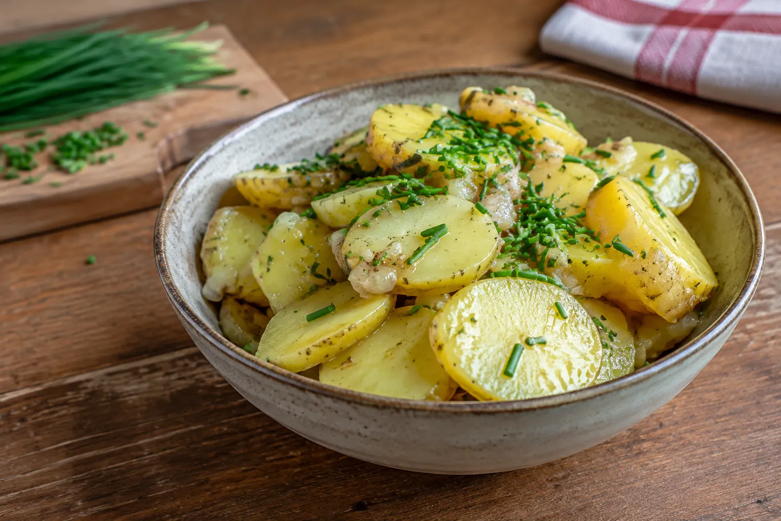 Schweizer Kartoffelsalat mit Schnittlauch in einer Schüssel