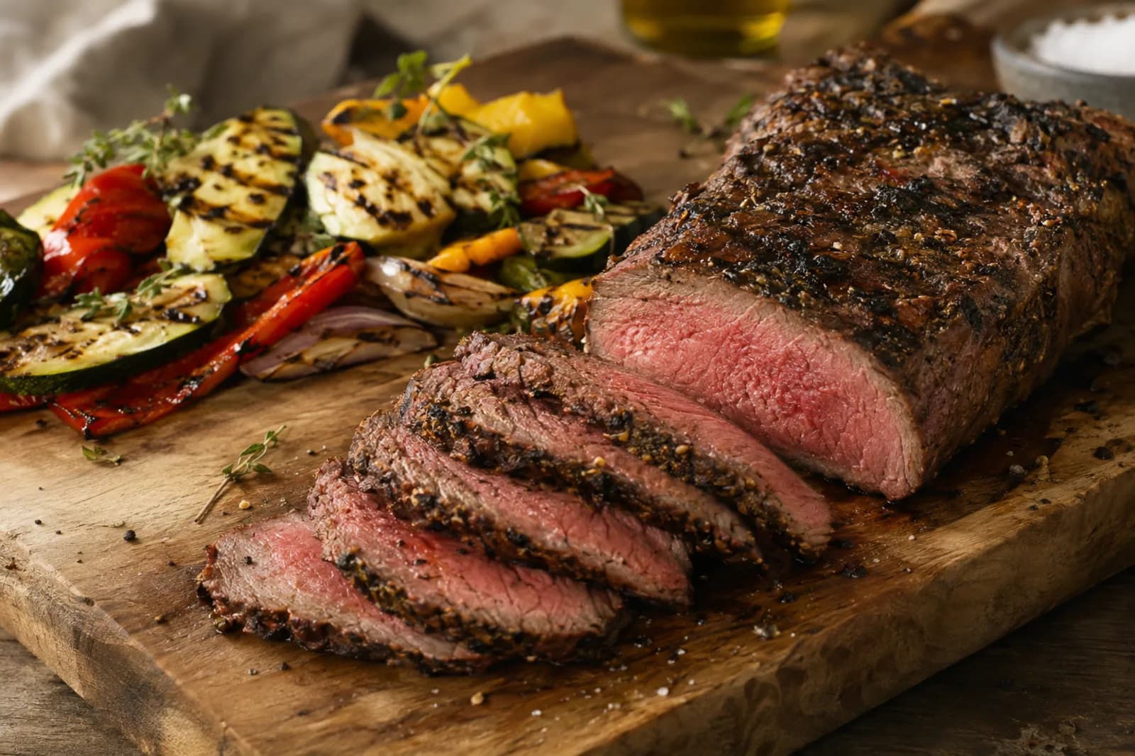 Gegrilltes Bürgermeisterstück in Tranchen neben geröstetem Gemüse