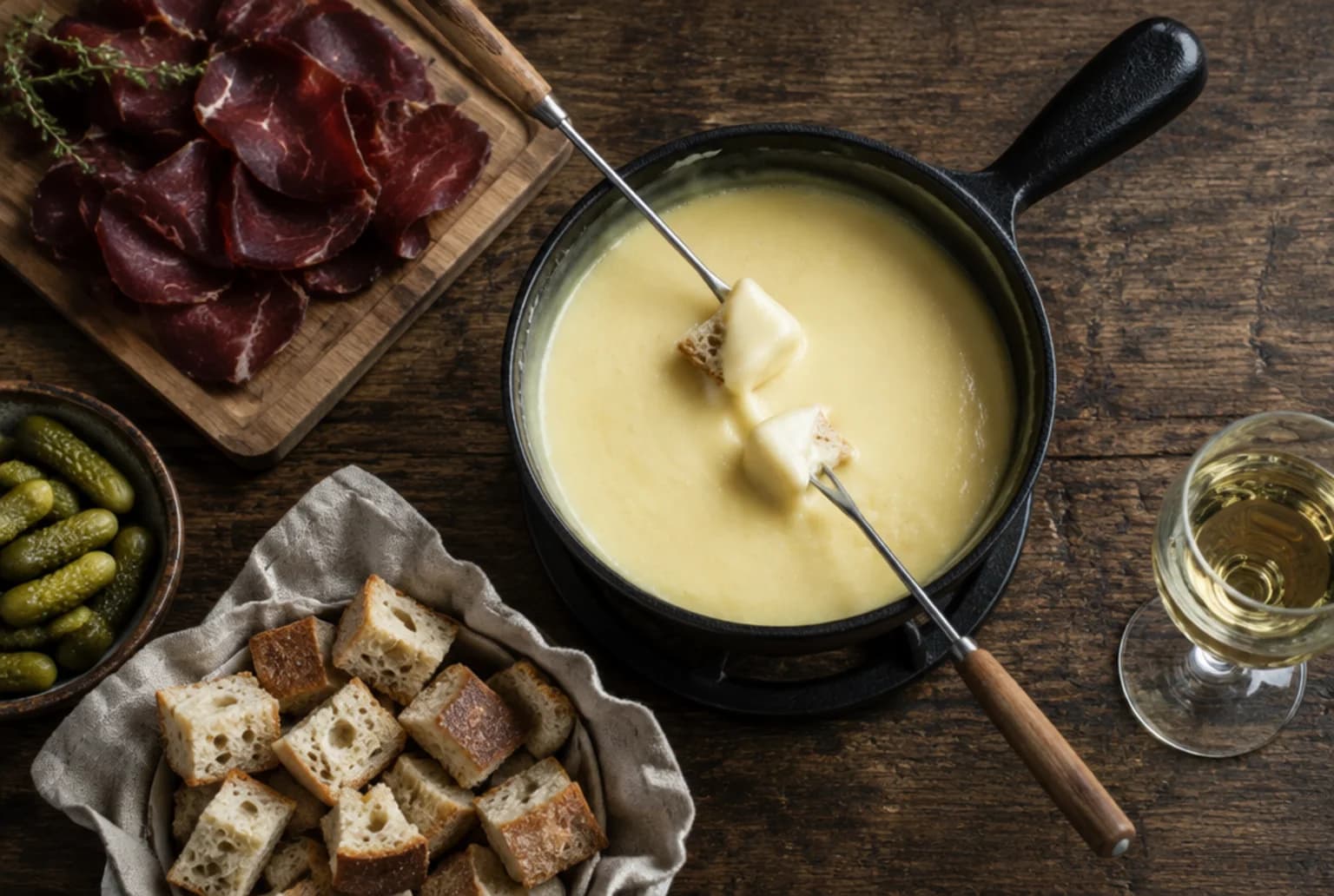 Käsefondue im Caquelon mit Trockenfleisch-Platte, Brotwürfel und Cornichons