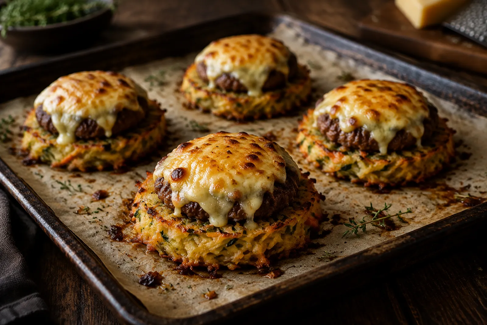 Überbackene Gemüse-Rösti mit Hackfleisch-Taler und geschmolzenem Käse auf einem Ofenblech