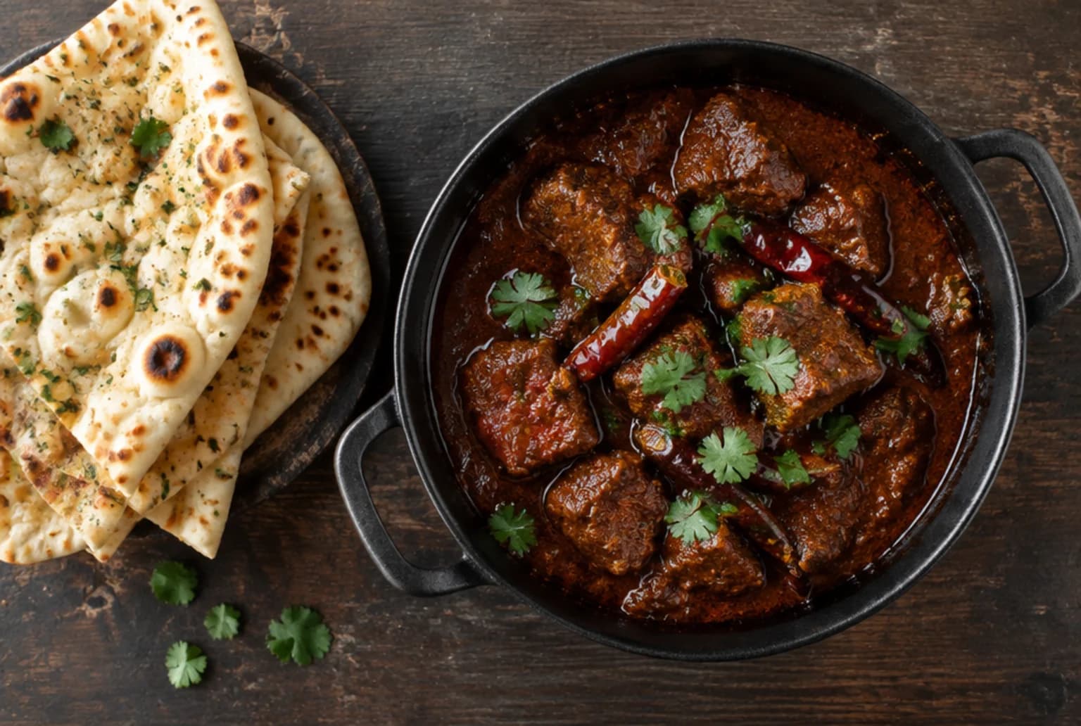 Schweinefleisch-Vindaloo im schwarzen Topf: dunkle glänzende Stücke mit getrockneten Chilis und Koriander