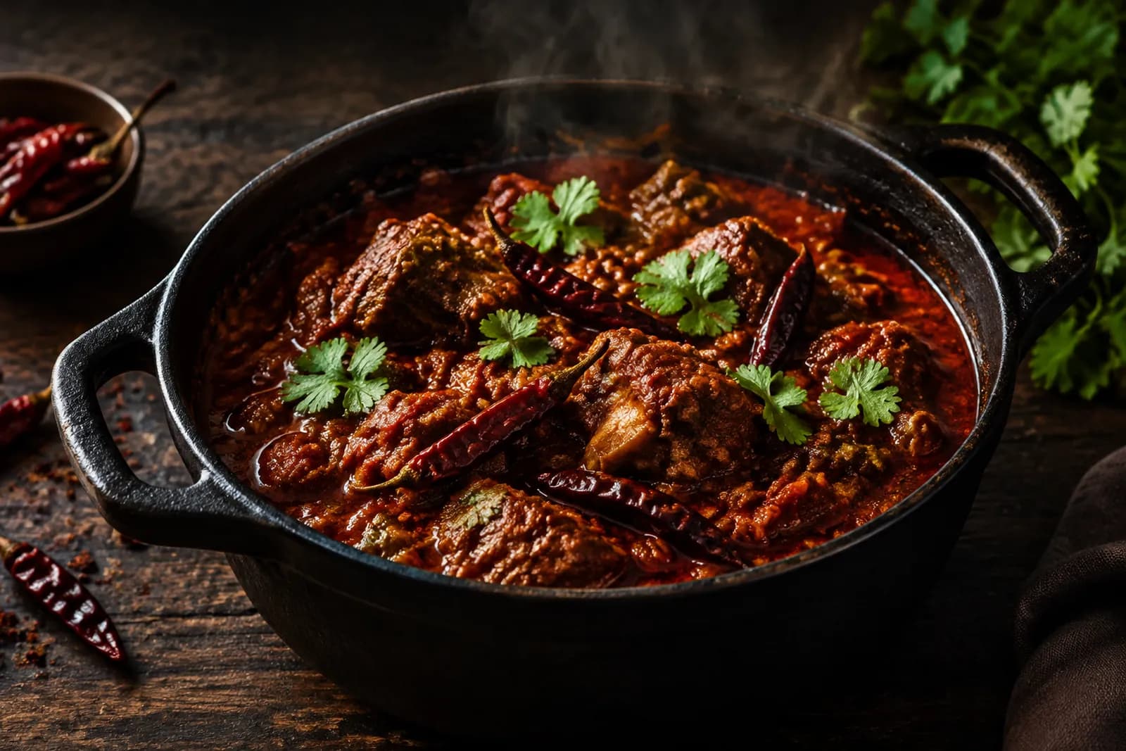 Dunkles, ölglänzendes Schweinefleisch-Vindaloo mit Chilischoten und Koriander im Topf
