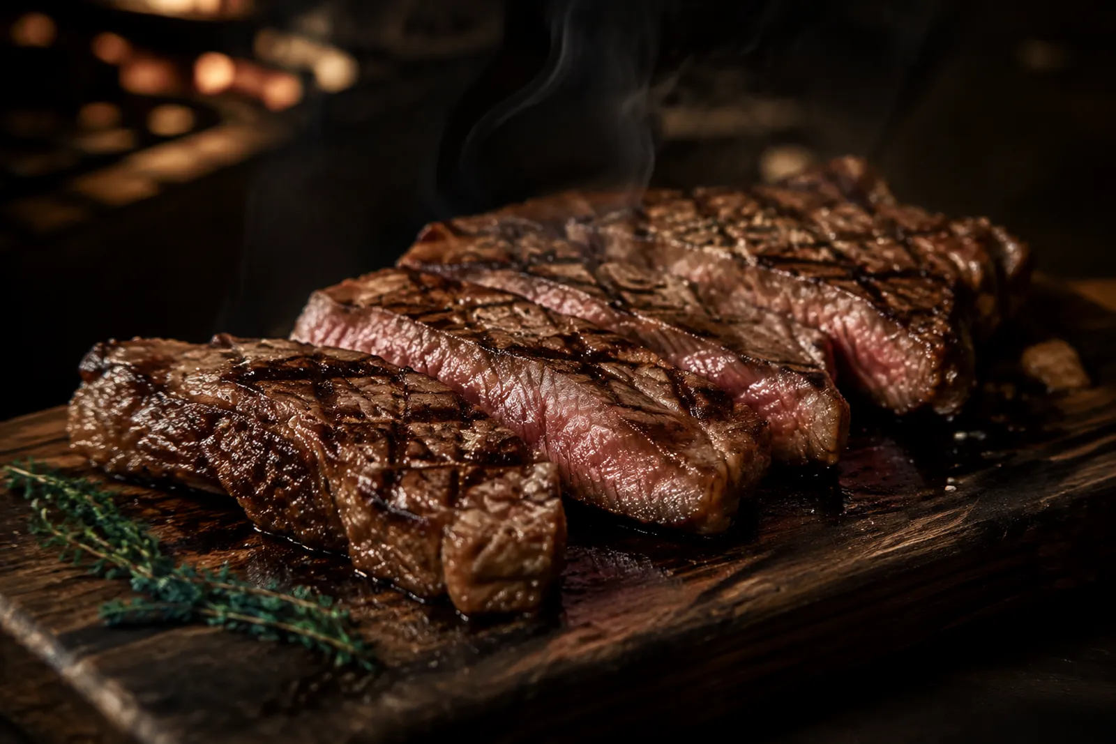 Wagyu-Scheiben mit Grillrost-Muster auf dunklem Holzbrett