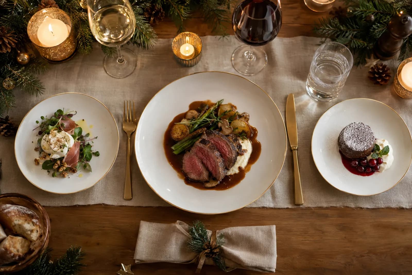 Festliches Weihnachtsmenü mit Rindsbraten und winterlichen Beilagen