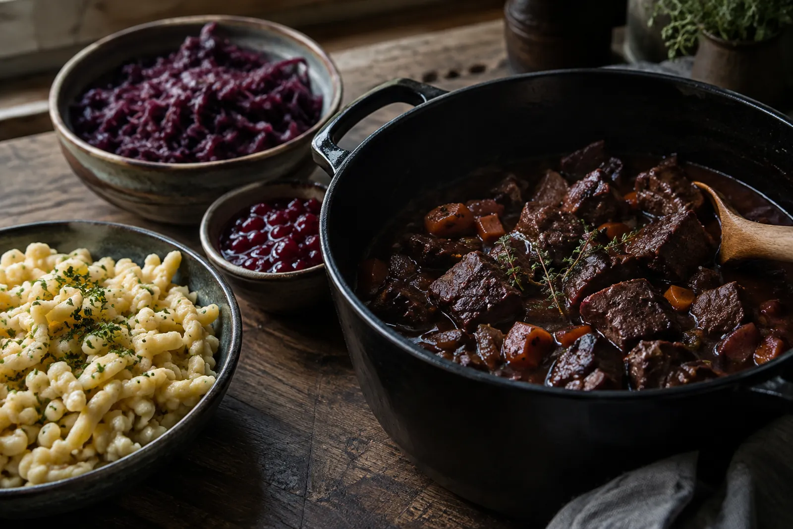 Dunkles Wildschweinragout in Rotweinsauce im schwarzen Schmortopf, daneben Spätzli, Rotkraut und Preiselbeeren
