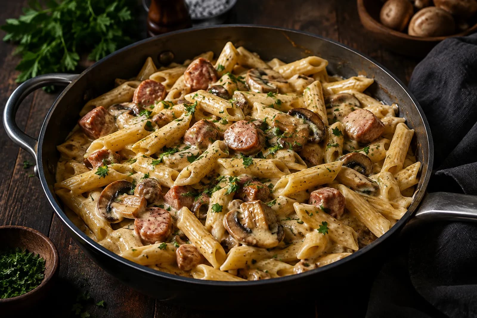 Würstli-One-Pot mit Penne und Champignons