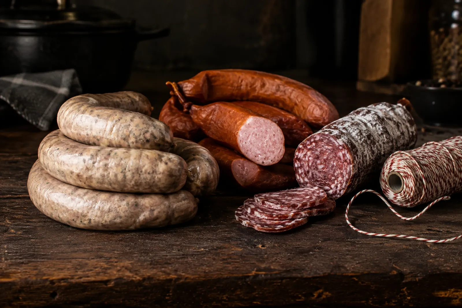 Verschiedene Schweizer Wurste: Bratwurst, Salsiz und Bauernschinken auf Holz