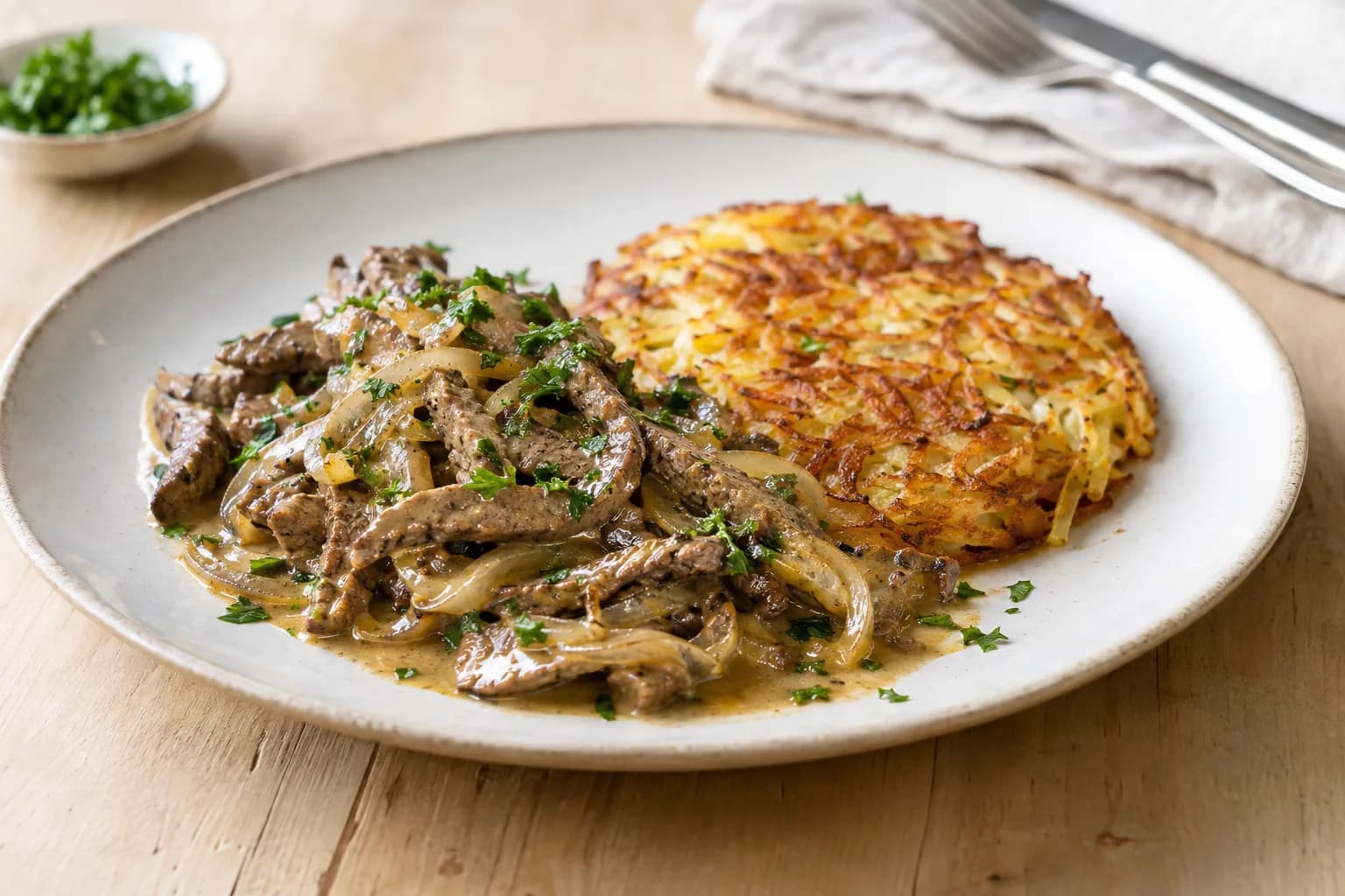 Zürcher Kalbsleberli in Rahmsauce mit goldener Rösti
