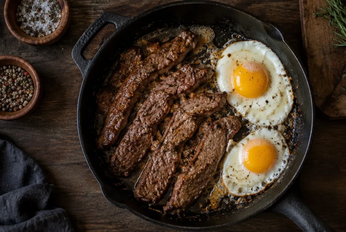 Fleisch und Eier braten