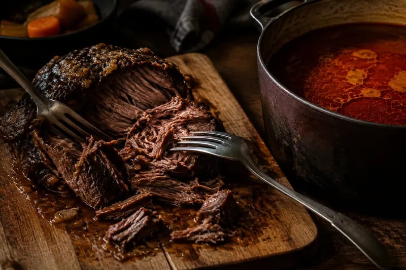 Fleisch zerzupfen und Brühe fertigstellen