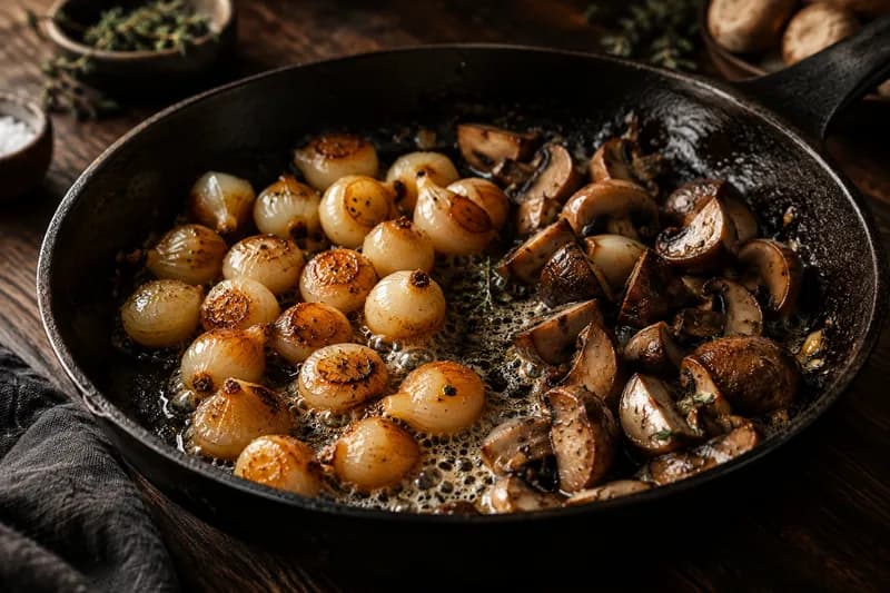 Perlzwiebeln und Champignons garen