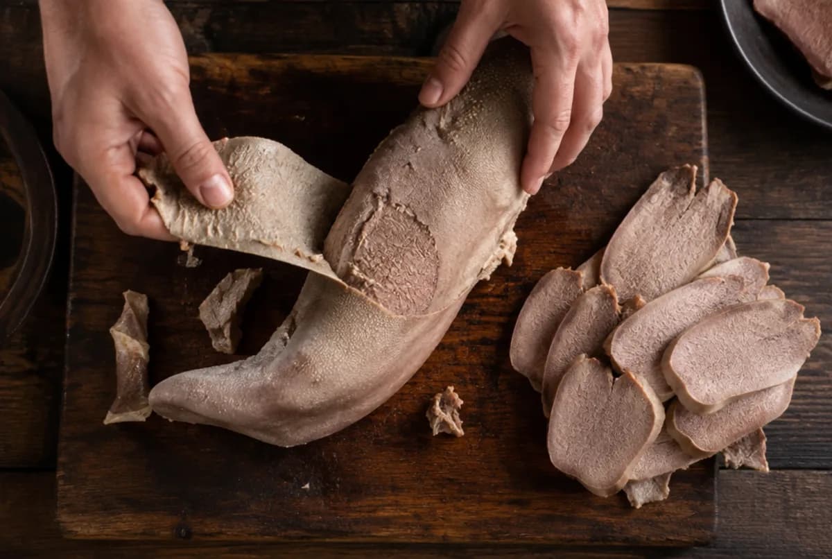 Zunge häuten und Fleisch warmhalten