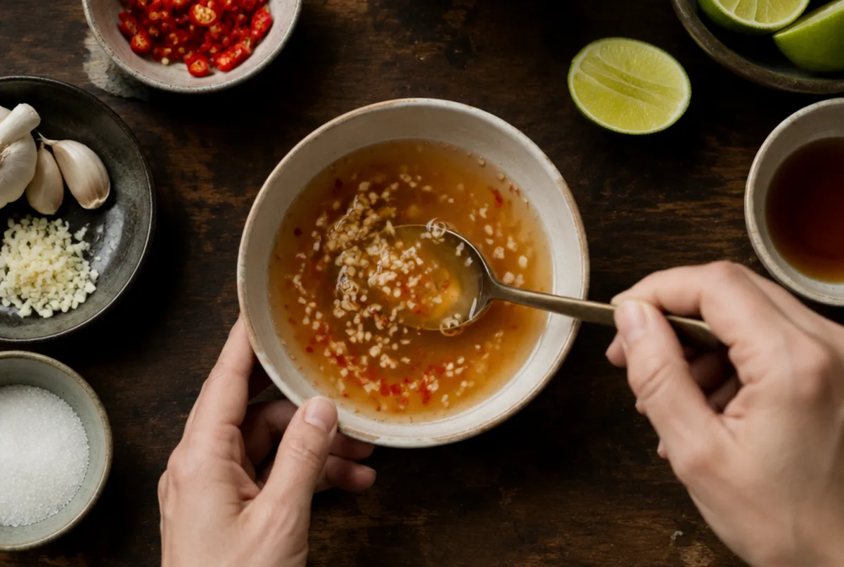 Nuoc-Cham-Brühe mischen