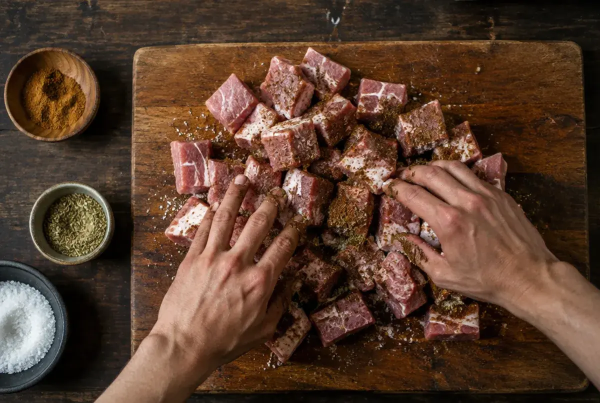 Fleisch schneiden und würzen