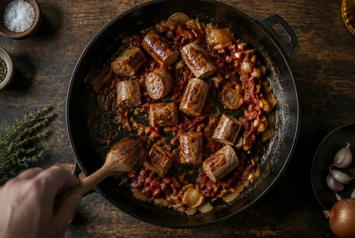 Wurst braten und Tomatenbasis