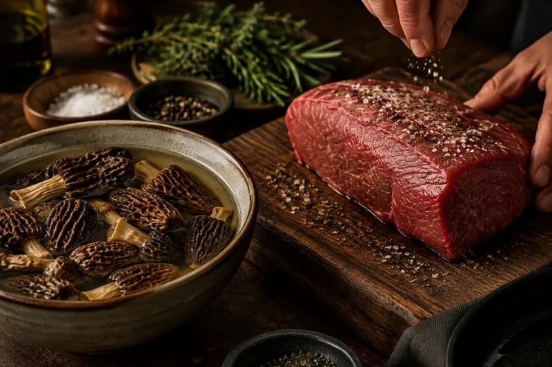 Morcheln einweichen und Fleisch vorbereiten