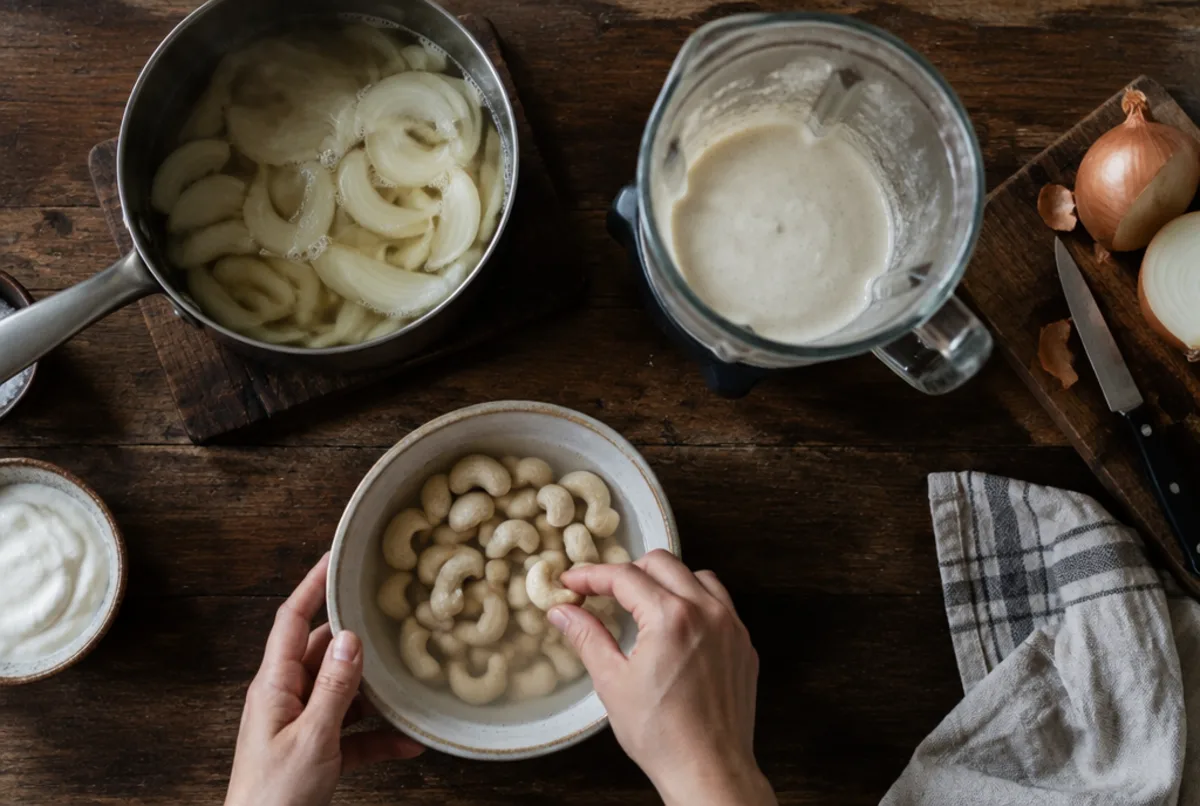 Cashews einweichen und Zwiebeln kochen