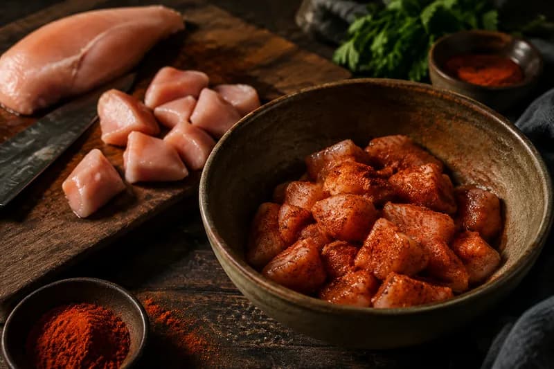 Poulet schneiden und würzen