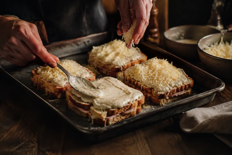 Mit Béchamel und Käse bedecken