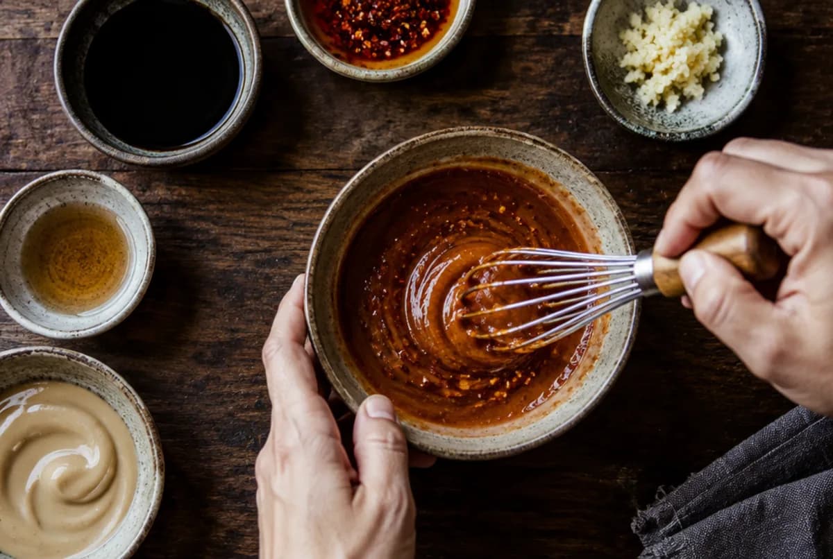 Sesam-Chili-Sauce mischen