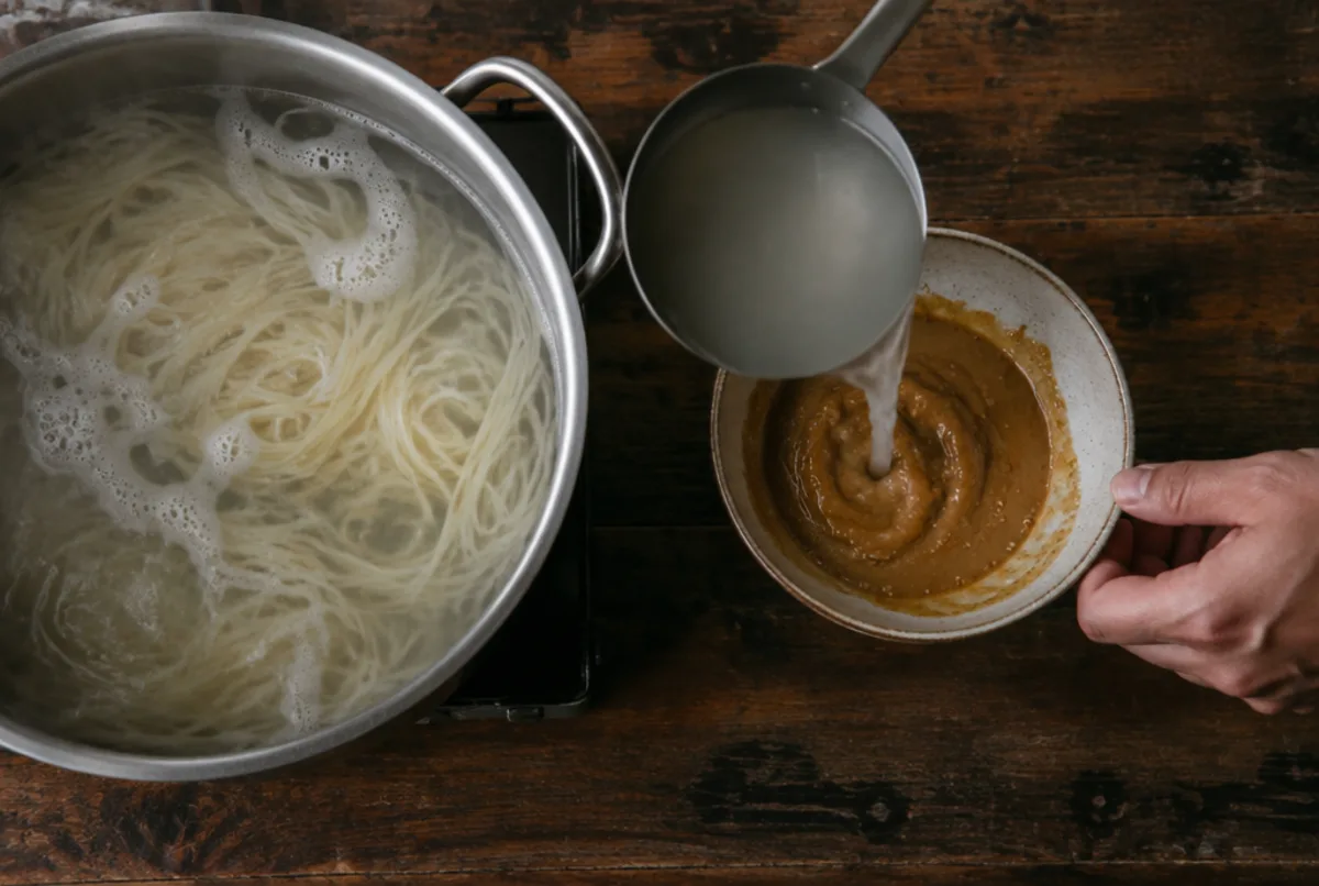 Nudeln kochen und Sauce lösen