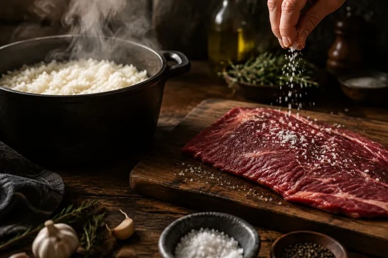 Reis kochen und Steak temperieren
