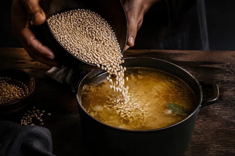 Fleisch herausnehmen, Gerste zugeben