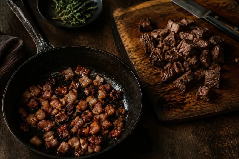 Speck auslassen und Fleisch würfeln