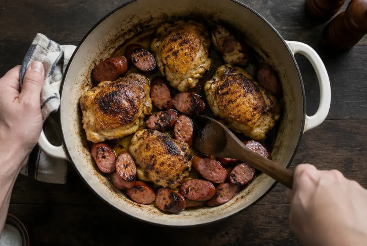 Poulet und Wurst anbraten