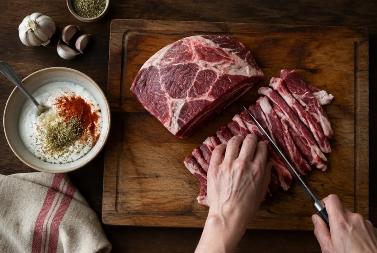 Fleisch schneiden und marinieren