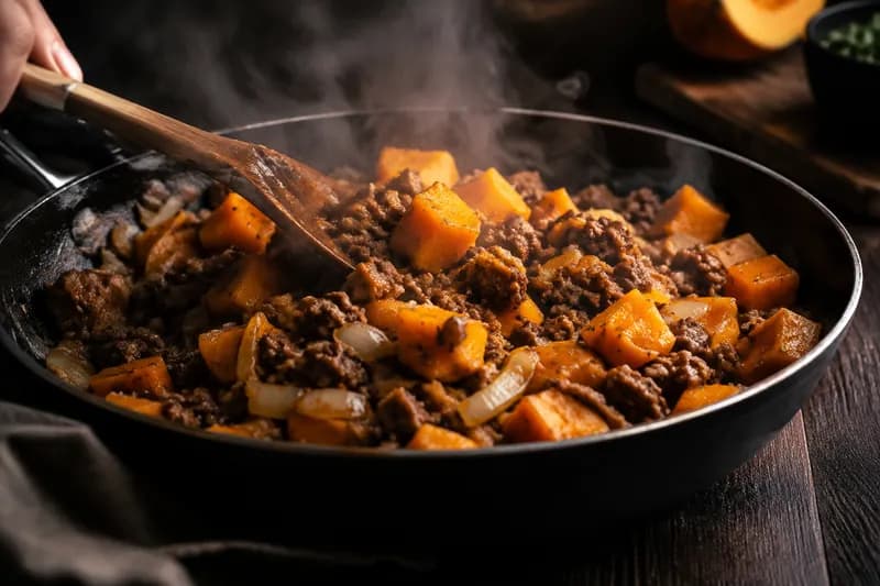 Hackfleisch und Kürbis braten
